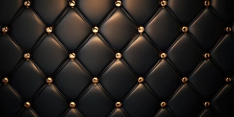 Black leather tufted wall with golden studs decorative texture and copy space for design elements
