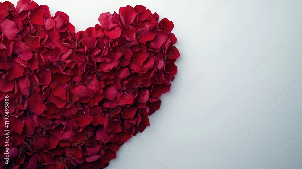 Poster heart shape made of red rose petals on a white background with ample copy space for text and message