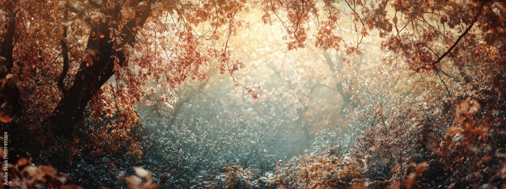 Poster autumn forest with warm light filtering through the trees creating a serene atmosphere and abundance