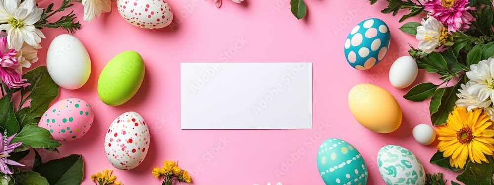 Poster easter eggs and flowers arrangement on pink background with blank rectangle copy space for text or m
