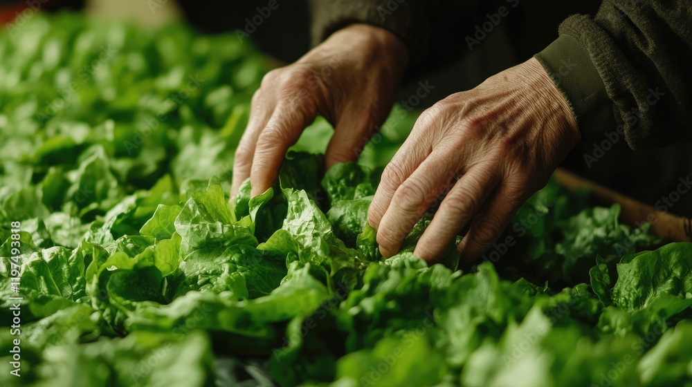 Aufkleber fresh organic lettuce harvest with hands selecting and sorting leaves on a market table copy space a