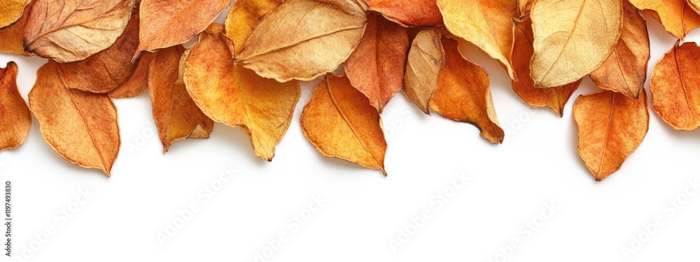 Poster autumn leaves in shades of orange and yellow arranged on a white background with ample copy space fo