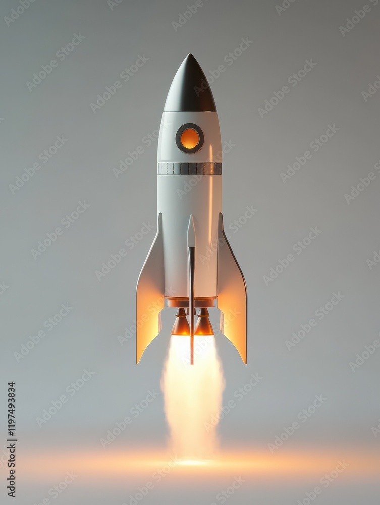 Poster launching rocket on gray background. startup and begin concept. 3d rendering.