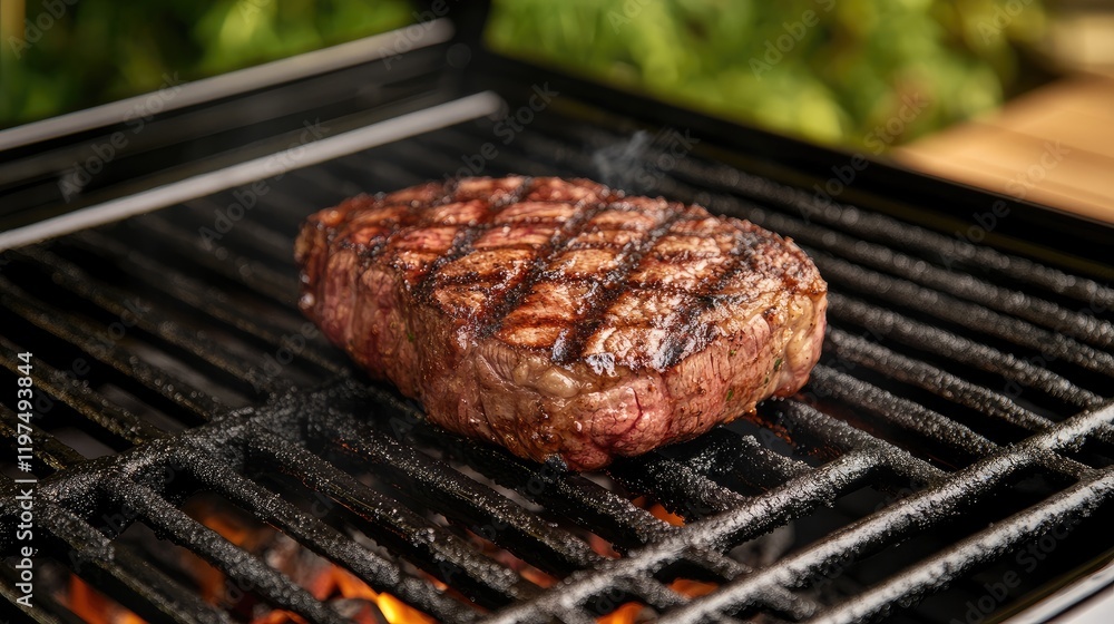 Poster grilled steak on barbecue grill displaying perfect sear marks and juicy texture with copy space for 