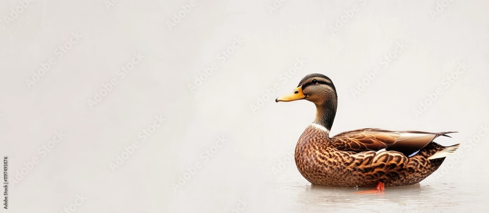 Poster mallard duck swimming in calm waters with light background and ample copy space for text overlay