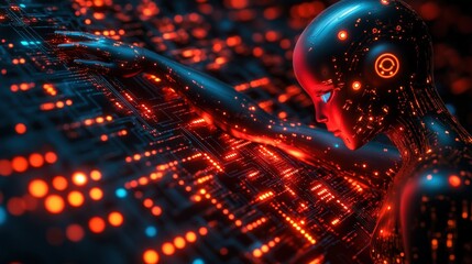 Cybernetic figure interacts with digital circuit board, red and blue light, Generated AI