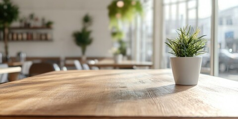 Contemporary cafe interior with wooden table and potted plant in bright natural light Copy Space