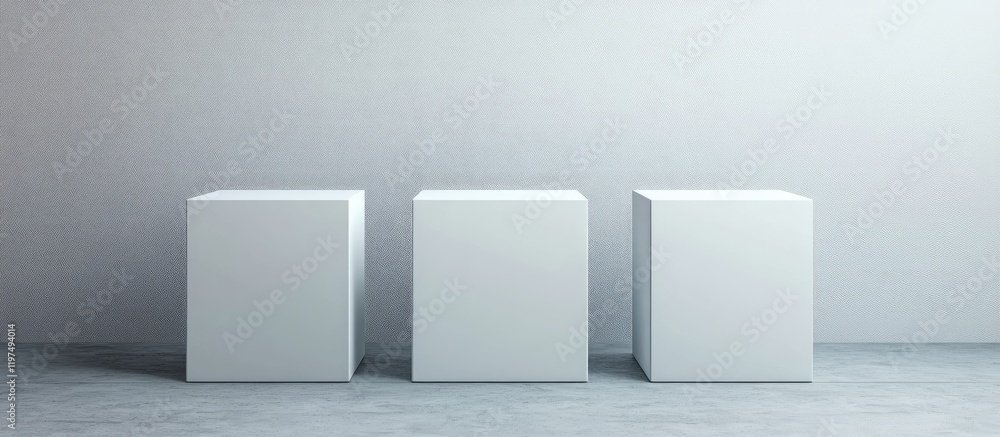 Poster minimalistic white cubes on a gray background in a modern interior setting copy space