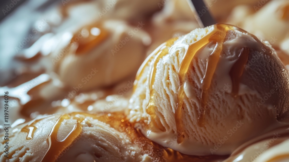 Poster delicious ice cream scoop with caramel drizzle on a plate featuring ample copy space for text placem