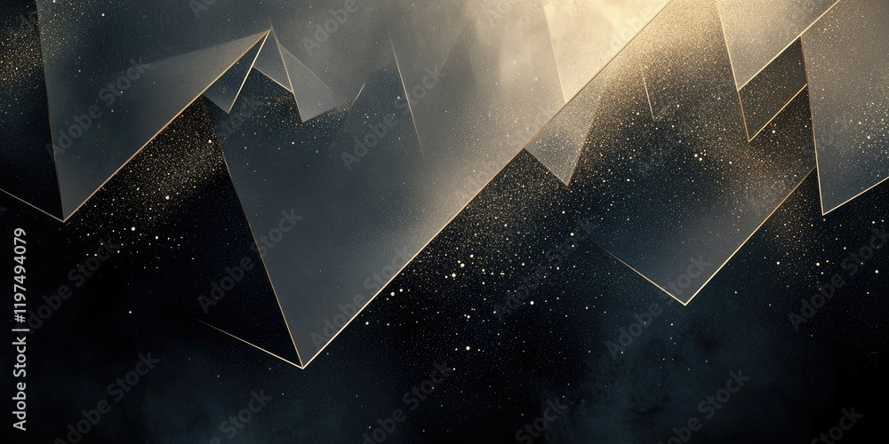 Poster abstract geometric mountain peaks with sparkling dust against a dark background featuring soft light