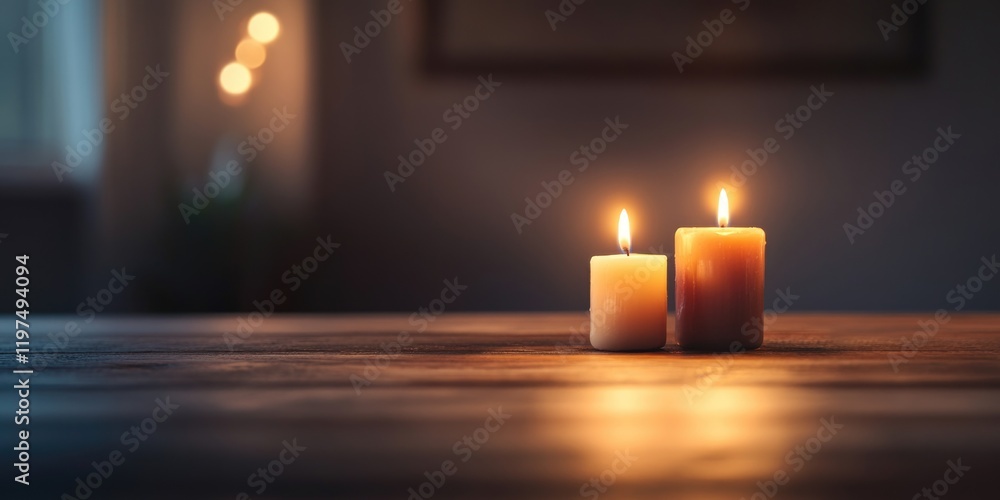 Poster two lit candles on a wooden surface with a blurred background and soft light bokeh copy space for te