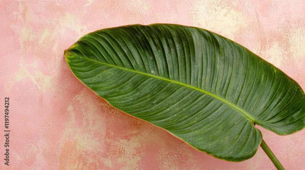 Poster large tropical leaf on textured pink background with ample copy space for text placement and brandin