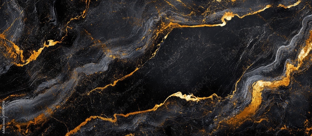 Poster black and gold marble texture with fluid patterns and copy space for elegant background design