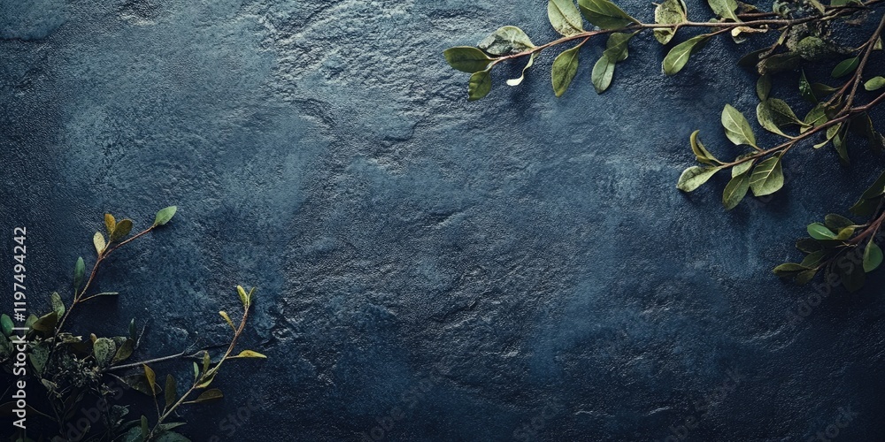 Poster dark textured background with green foliage leaves on the edges and ample copy space for text placem