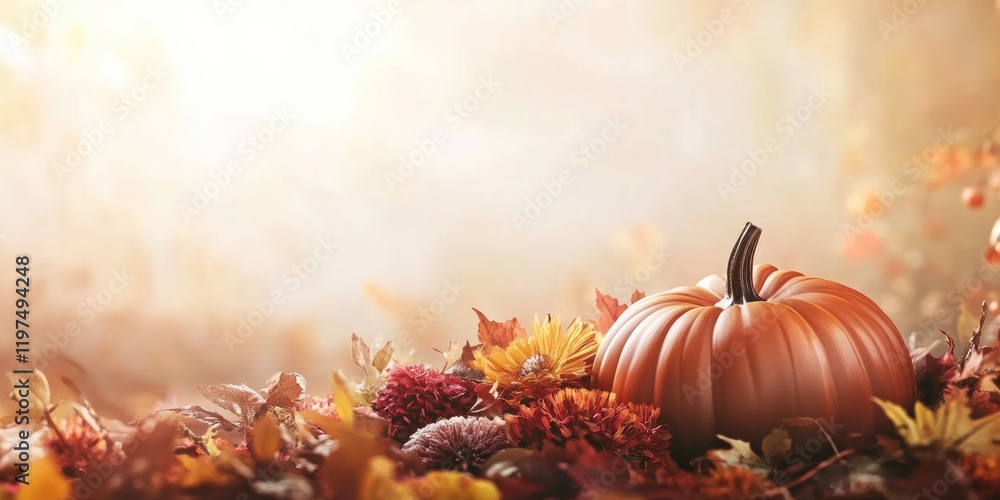 Poster pumpkin surrounded by autumn leaves and flowers with soft blurred background and copy space for text
