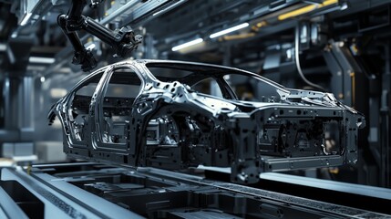 Fototapeta premium Advanced Robotic Arm Assembling Car Chassis in Modern Factory Environment