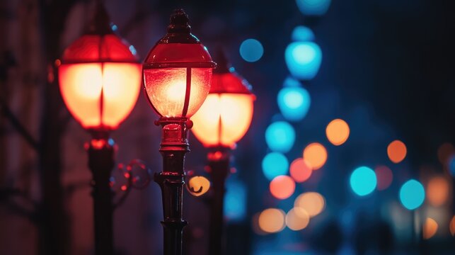 Colorful city street lamps with bokeh lights at night providing vibrant atmosphere and ample copy space for text placement.