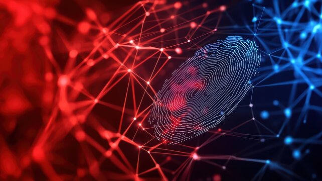 A stylized fingerprint surrounded by a network of interconnected nodes in red and blue, symbolizing digital security and identity verification.