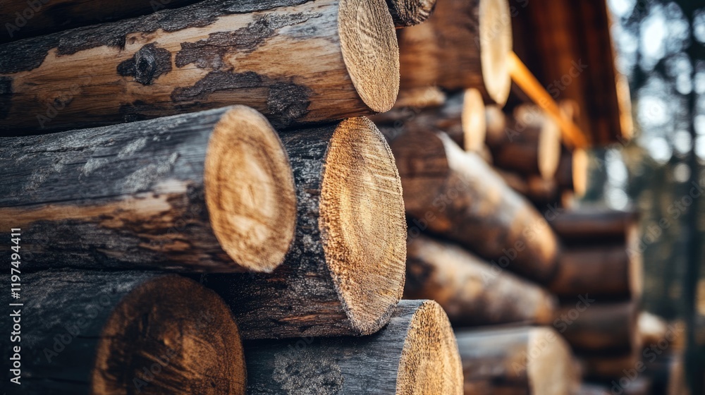 Poster wooden logs stacked in a rustic setting with natural background and soft focus ideal for nature or c