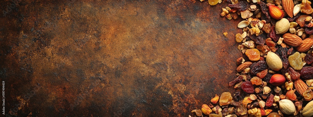 Poster textured background with assorted nuts and seeds on rustic surface with copy space for text