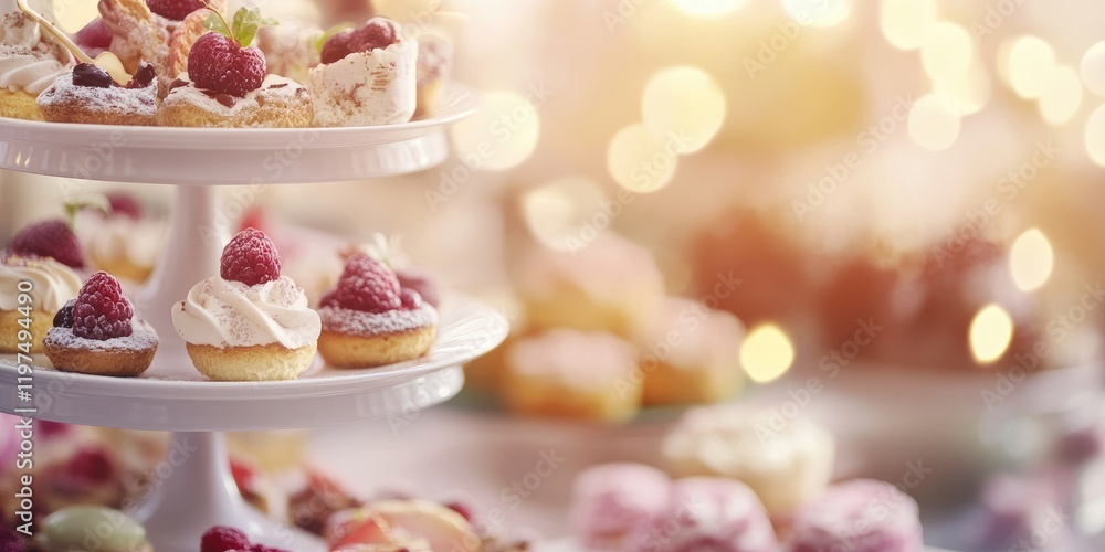Aufkleber delicious assorted mini cupcakes and desserts with raspberries on a tiered serving stand with a blur