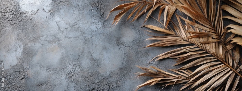 Poster aged concrete texture background with dried palm leaves on the side and available copy space for tex