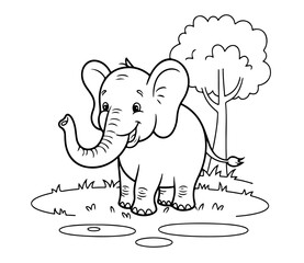 A delightful illustration of a cheerful elephant standing in a grassy field. coloring page ready to print on standard