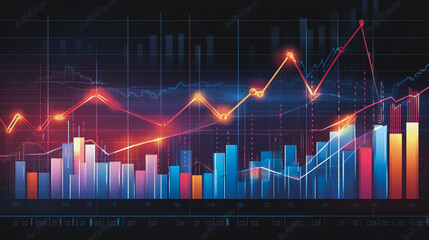 Abstract black background with Colorful charts and graphs with statistics to innovative analyze business potential and forecast future development of companies growth.