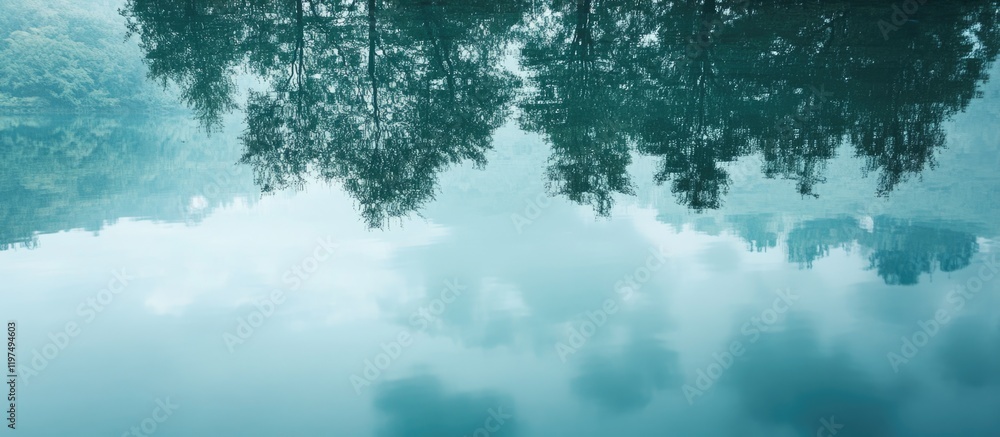 Poster Serene lake reflection with lush trees and clouds creating a tranquil landscape scene ideal for nature-themed designs Copy Space available
