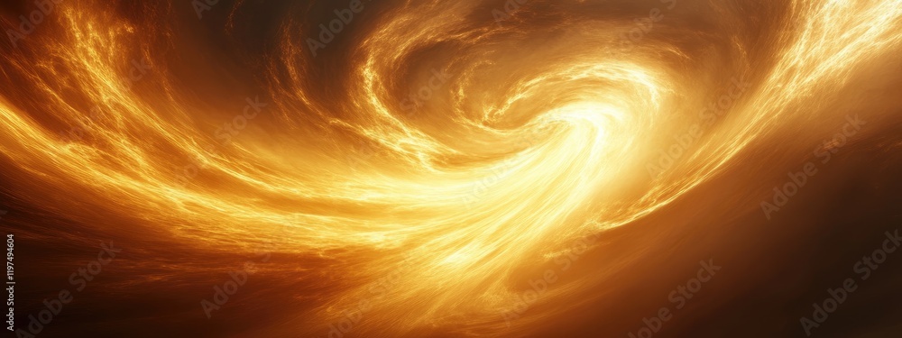 Poster abstract swirling golden and orange patterns resembling cosmic energy or nebula on a dark background