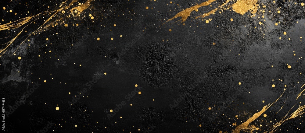 Poster abstract black and gold textured background with splashes and copy space for text placement.