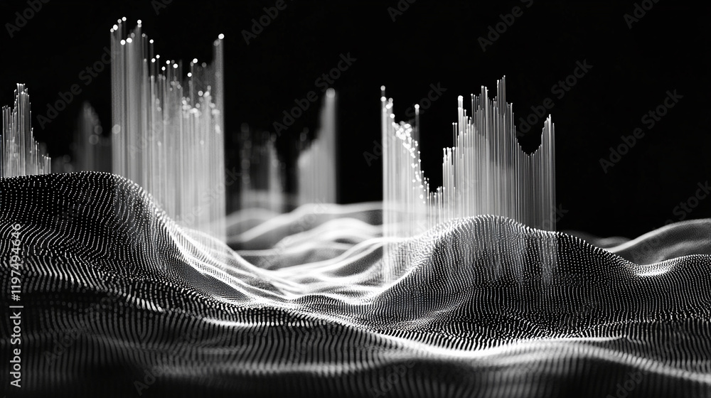 Poster Abstract digital landscape with glowing waveforms and vertical light structures