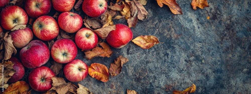 Poster red apples on a rustic wooden surface with autumn leaves and copy space for text or design elements.