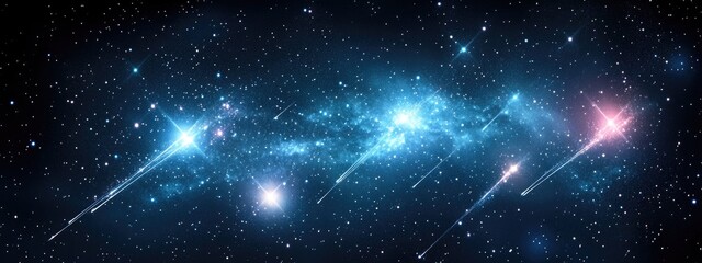 Colorful cosmic background with shooting stars and bright galaxies in space, featuring abundant stars and copy space for text.