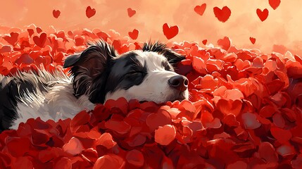 A watercolor illustration of a dog lying on a bed of rose petals, soft gradient background with floating hearts, warm glowing light, relaxed and affectionate mood