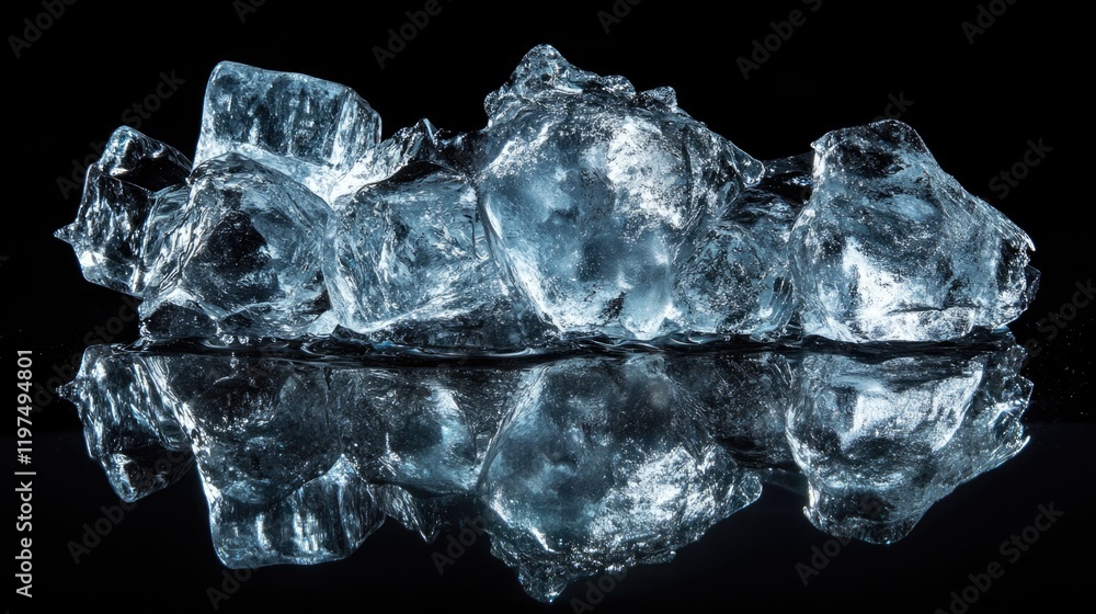 Poster crystal clear ice cubes on a reflective surface with dark background showcasing texture and details 