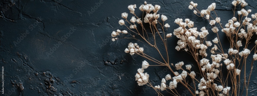 Aufkleber dry floral arrangement on dark textured background with ample copy space for text placement.