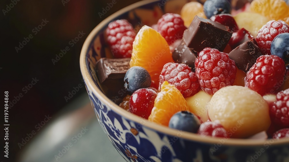 Poster vibrant fruit salad with chocolate cubes and berries in decorative bowl on table with copy space for