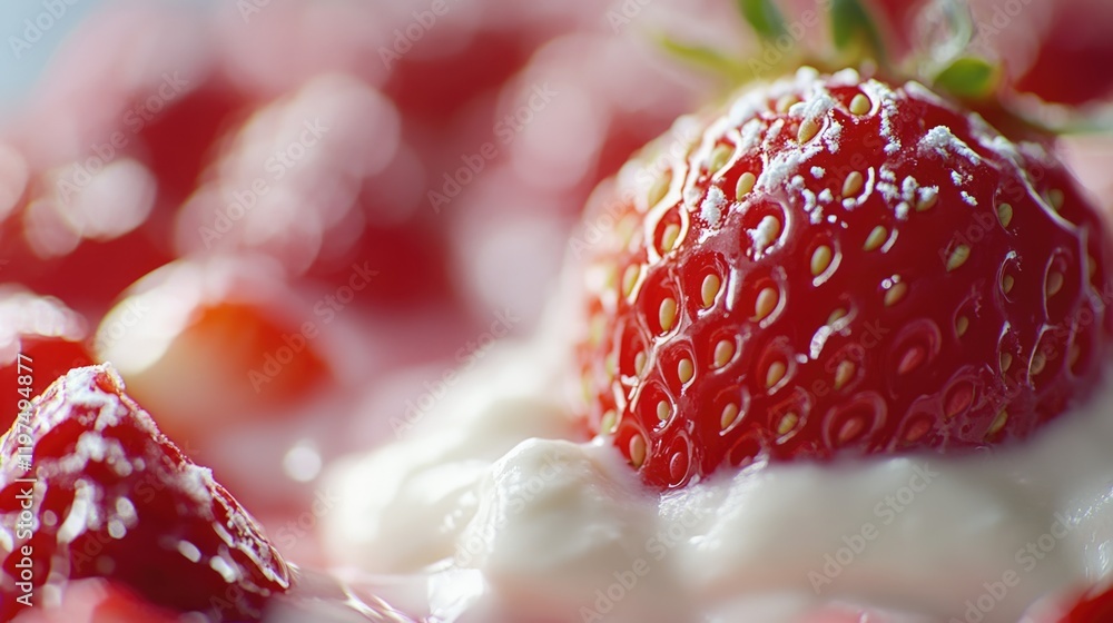 Poster fresh strawberries with cream on a dessert plate featuring a blurred background and ample copy space