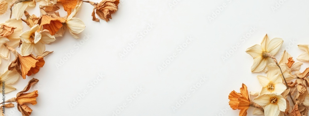 Poster dried flowers arrangement on white background with copy space for text or design elements
