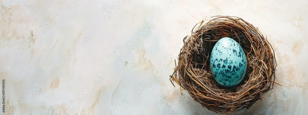 Poster blue easter egg in a bird's nest on a textured background with ample copy space for text.