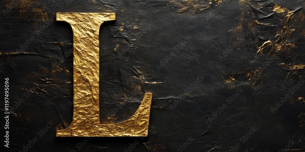 Poster golden letter l on textured black background with copy space for text placement