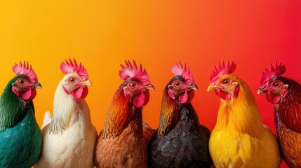 Fototapeta premium Colorful Roosters in a Row Against Gradient Background with Copy Space for Text