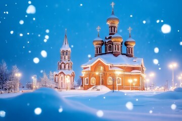 Snow falling on illuminated russian orthodox church at dusk