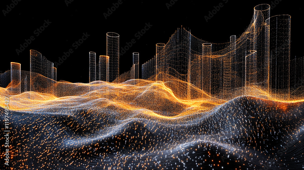 Aufkleber abstract digital landscape with glowing waves and cylindrical structures