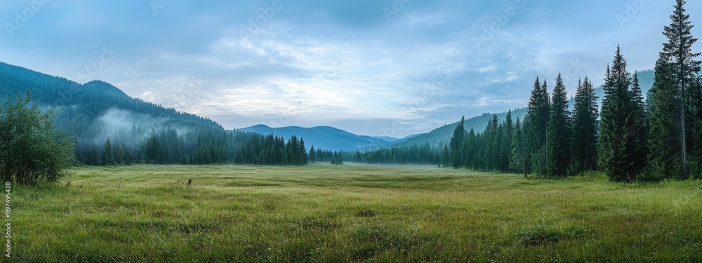 Poster panoramic view of a misty valley surrounded by forested mountains at dawn with copy space for text p