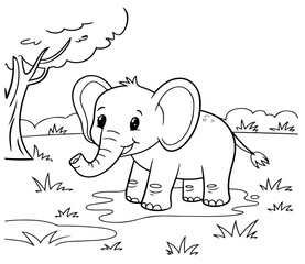 A delightful illustration of a cheerful elephant standing in a grassy field. coloring page ready to print on standard