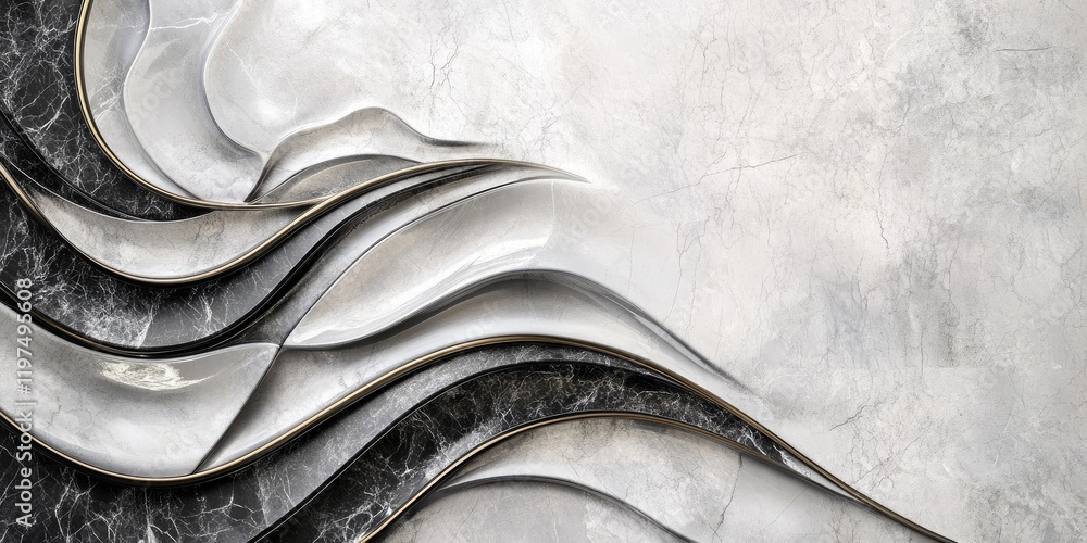 Poster abstract marble texture with elegant curved layers in monochrome colors and gold accents featuring a