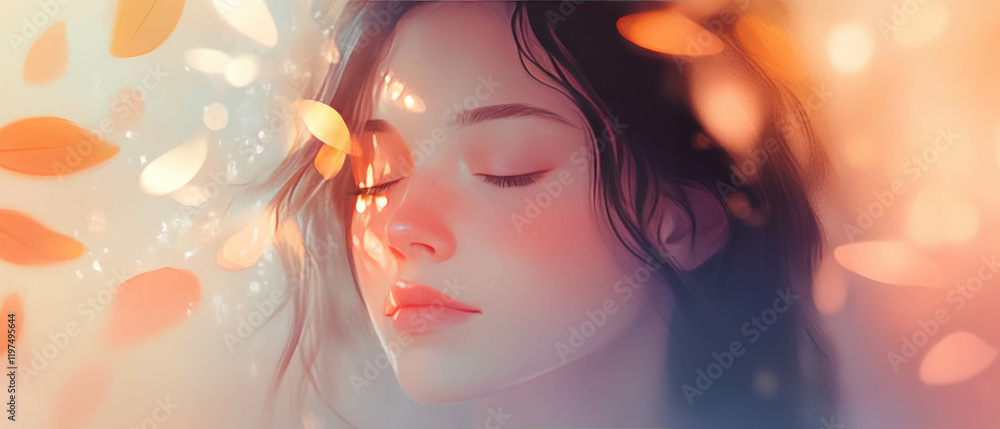 Poster soft gradient background with calming hues and gentle light effects on a serene figure