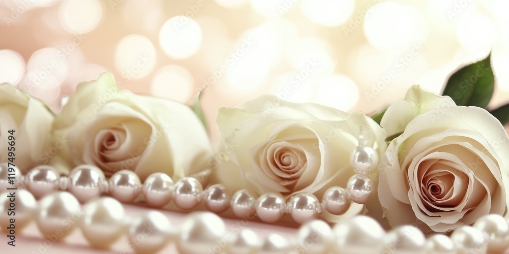 Poster white roses with pearls on a soft background with bokeh lights and subtle colors copy space